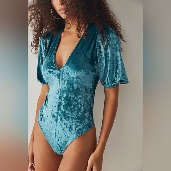 Free People 'Don't You Wish' Velvet Bodysuit, Deep Teal | M - Picture 5 of 9